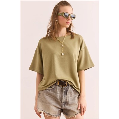 Olalook, Kadın Haki Bisiklet Yaka Oversize Yumuşak Dokulu Tişört TSH-19000865