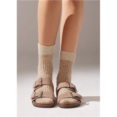 Kurze Socken in Rippstrick mit Wolle und Glitzergarn
