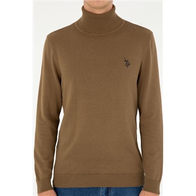 Erkek Slim Fit Boğazlı Yaka Haki Basic Kazak