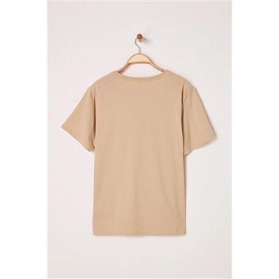 Bej  Oversize Animal Baskılı Cep etaylı %100 Pamuk Örme Büyük Beden T-shirt TBBSS24BF00059
