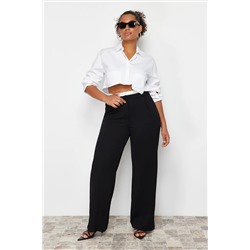 Trendyol Curve Siyah Beli Poplin Detaylı Yüksek Bel Wide Leg Örme Büyük Beden Pantolon TBBSS24AR00000