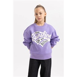 Defacto Kız Çocuk Baskılı Bisiklet Yaka İçi Yumuşak Tüylü Kalın Sweatshirt B4078A823WN
