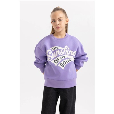 Defacto Kız Çocuk Baskılı Bisiklet Yaka İçi Yumuşak Tüylü Kalın Sweatshirt B4078A823WN