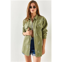 Olalook Kadın Haki Nakışlı Cepli Oversize Pamuk Gömlek Ceket CKT-19000347