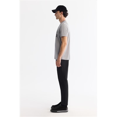 Gri Bisiklet Yaka Baskılı Elastan T-Shirt