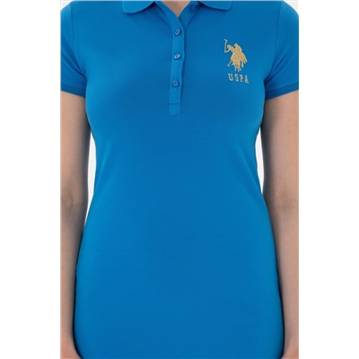 Kadın Saks Polo Yaka Mini Boy Örme Elbise