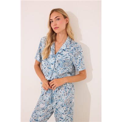 Pijama camisero largo viscosa flores azul