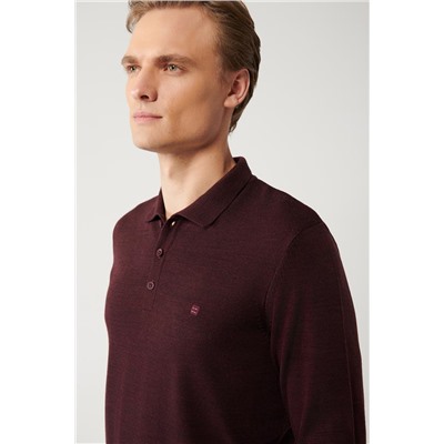 Bordo 3 Düğmeli Polo Yaka Regular Fit Standart Kesim Triko Kazak