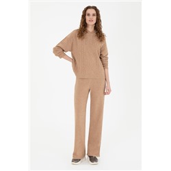Kadın Kum Melanj Loose Fit Triko Pantolon