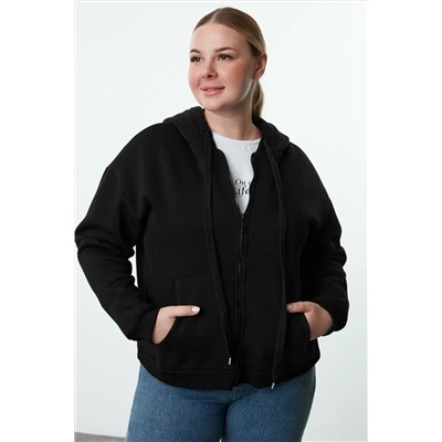 Siyah Kapüşonlu İçi Polarlı Önü Fermuarlı Büyük Beden Örme Sweatshirt
