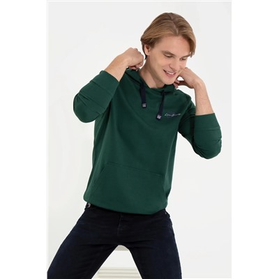 Erkek Yeşil Kapüşonlu Basic Sweatshirt