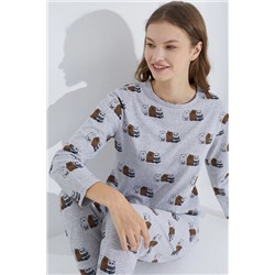 Siyah İnci gri melanj panda desenli Jogger Örme Pijama Takım 7703