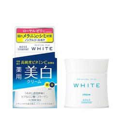 KOSE Moisture Mild White Крем для лица отбеливающий с маточным молочком, коллагеном и гиалуроновой кислотой против пигментных пятен, банка 55 гр