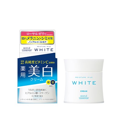 KOSE Moisture Mild White Крем для лица отбеливающий с маточным молочком, коллагеном и гиалуроновой кислотой против пигментных пятен, банка 55 гр