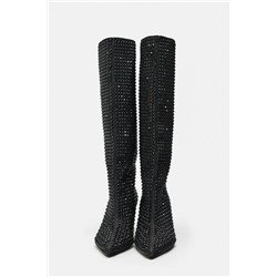 RHINESTONE DENIM HIGH-HEEL BOOTS