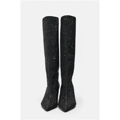 RHINESTONE DENIM HIGH-HEEL BOOTS