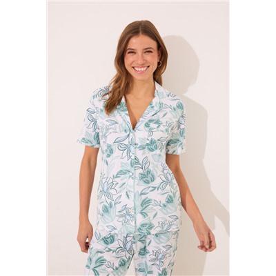 Pijama largo camisero 100% algodón flores verdes