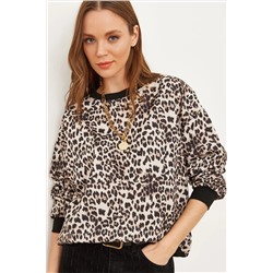 Olalook Kadın Ekru Leopar Basic Yumuşak Dokulu Salaş Sweatshirt SWT-19000457