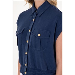 Kadın Lacivert Modal Karışımlı Kısa Kollu Polo Yaka Sweatshırt