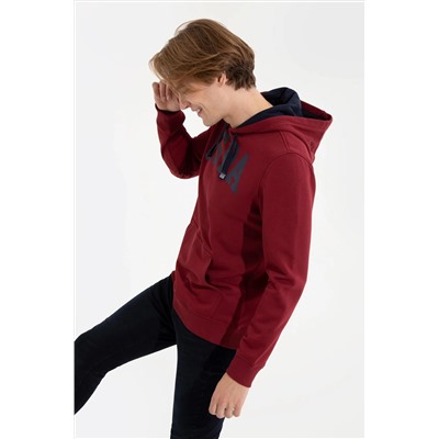 Erkek Vişne Kapüşonlu Basic Sweatshirt