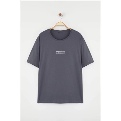 Antrasit Oversize Fit %100 Pamuk Ön ve Arka Baskılı Örme Büyük Beden T-Shirt TBBSS25BF00002