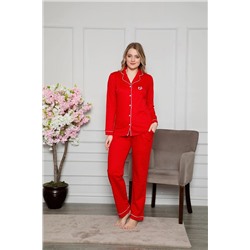 bie's Kadın Kırmızı Beyaz Biyeli Gömlek Yaka Önden Düğmeli Cepli Uzun Kol Mevsimlik Pamuk Pijama Takım PRA-9348996-419042