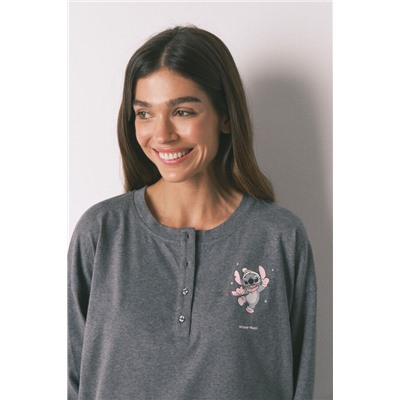 Pijama largo 100% algodón gris cuadros Stitch