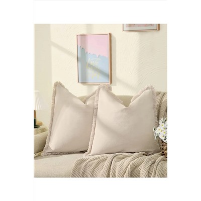 Bc Home 2'li Püsküllü Krem Lux Kare Dekoratif Kırlent Kılıfı 43 x 43 cm Iskandinav, Bohem ( 2 Adet) PRS432L