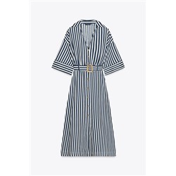 STRIPED LINEN BLEND MIDI DRESS