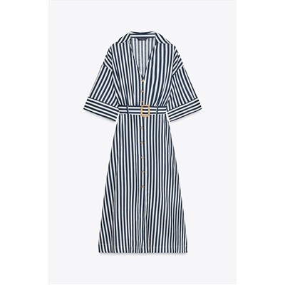 STRIPED LINEN BLEND MIDI DRESS