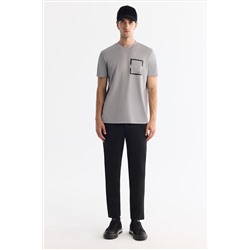 Gri Bisiklet Yaka Baskılı Elastan T-Shirt