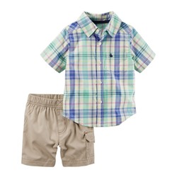 2-Piece Plaid Button-Front & Cargo Short Set