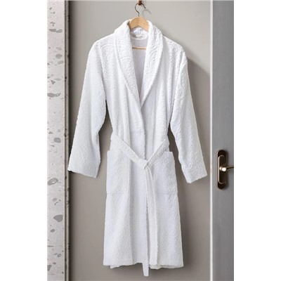Bernay %100 Pamuk Jakarlı Unisex Şalyaka Bornoz - Beyaz - Natural Koleksiyon