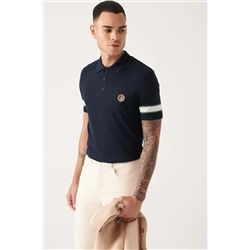 Avva Erkek Lacivert Polo Yaka Kolu Çizgi Detaylı Marine Baskılı Standart Fit Normal Kesim Triko T-shirt A A31Y5026