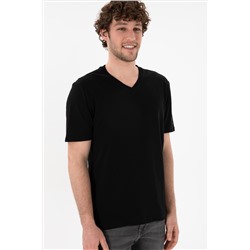 Erkek Regular Fit  V Yaka Siyah Basic Tişört