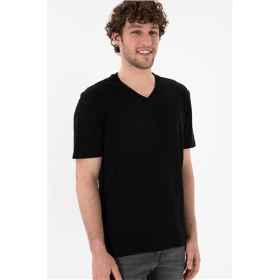 Erkek Regular Fit  V Yaka Siyah Basic Tişört
