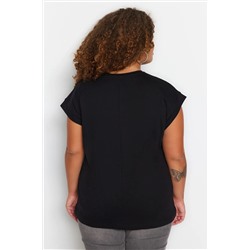 Siyah Bisiklet Yaka Taşlı %100 Pamuk Örme T-shirt TBBSS23BF00041