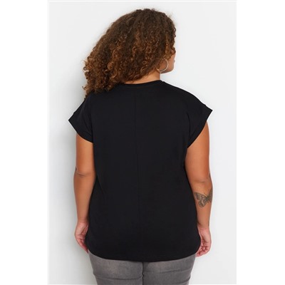Siyah Bisiklet Yaka Taşlı %100 Pamuk Örme T-shirt TBBSS23BF00041