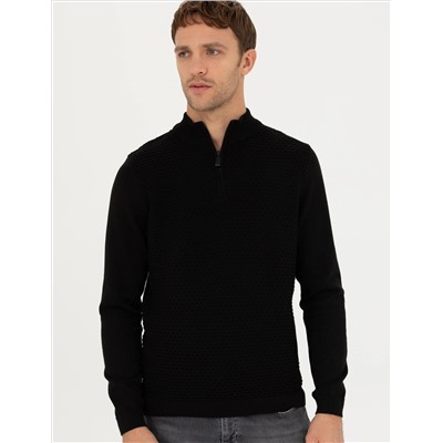 Siyah Slim Fit Fermuarlı Dik Yaka Triko Kazak