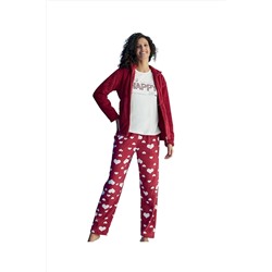 BIES Bordo Happy Kalpli Yuvarlak Yaka Polar Hırkalı Uzun Kol Penye Cepli Pijama Takımı 3'lü Set (3 PARÇA) TYC00579693246