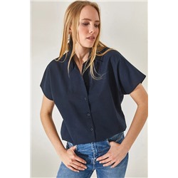 Olalook, Kadın Lacivert Yarasa Oversize Keten Gömlek GML-19001109