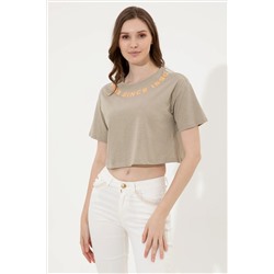 Kadın Haki Bisiklet Yaka Crop Tişört