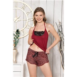 MyBen Kadın Askılı Leopar Desenli Dantelli Şortlu Kadın Pijama Takımı 457-Ş 2023-şort