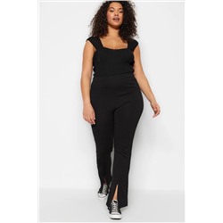 Siyah Skinny Yüksek Bel Paçası Fermuarlı Örme Büyük Beden Pantolon TBBSS23AR00011