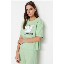 TRENDYOLMİLLA Açık Yeşil %100 Pamuk Hayvan Baskılı T-shirt-Pantolon Örme Pijama Takımı THMSS23PT00134