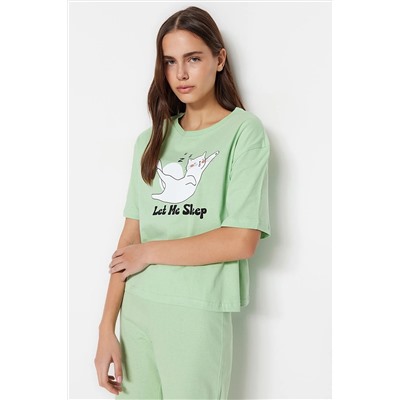 TRENDYOLMİLLA Açık Yeşil %100 Pamuk Hayvan Baskılı T-shirt-Pantolon Örme Pijama Takımı THMSS23PT00134