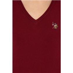 Kadın Bordo V - Yaka Basic Kazak