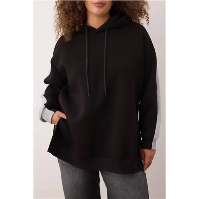 Gri Melanj Renk Bloklu Geniş Kalıp İçi Polarlı Örme Spor Büyük Beden Sweatshirt TBBAW26AO00011