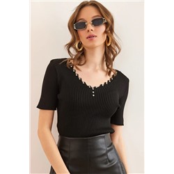 Olalook, Kadın Siyah V Yaka Taş Detaylı Crop Triko Bluz BLZ-19002865