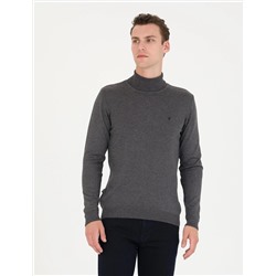 Gri Melanj Slim Fit Balıkçı Yaka Basic Triko Kazak